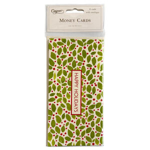 Caspari Money Holder Christmas Cards 4 Ct Envelopes Happy Holidays Leaves New